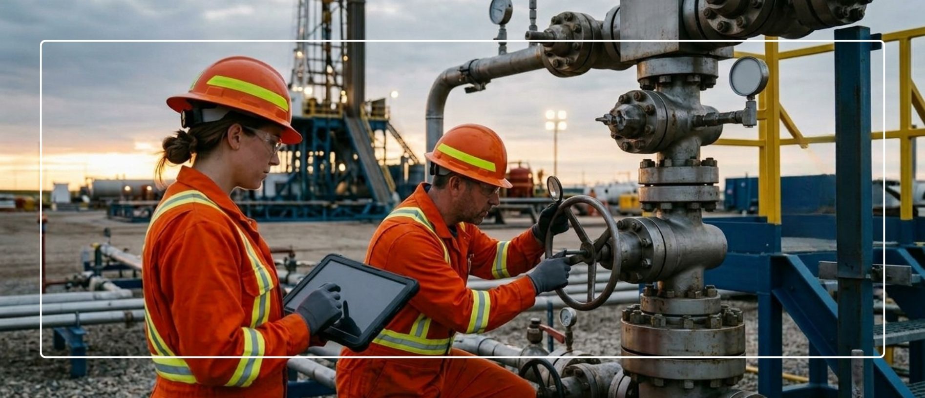 Profesional realizando inspección en operaciones de petróleo y gas bajo requisitos de gestión de calidad API Spec Q2. 