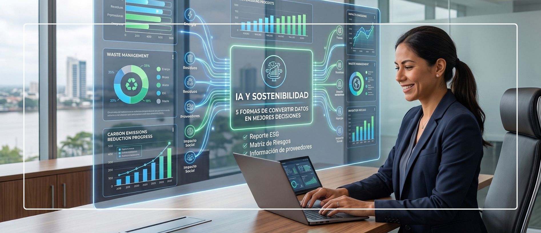 Profesional de sostenibilidad analizando datos e indicadores ESG a través de una interfaz digital limpia e ilustrada con inteligencia artificial.