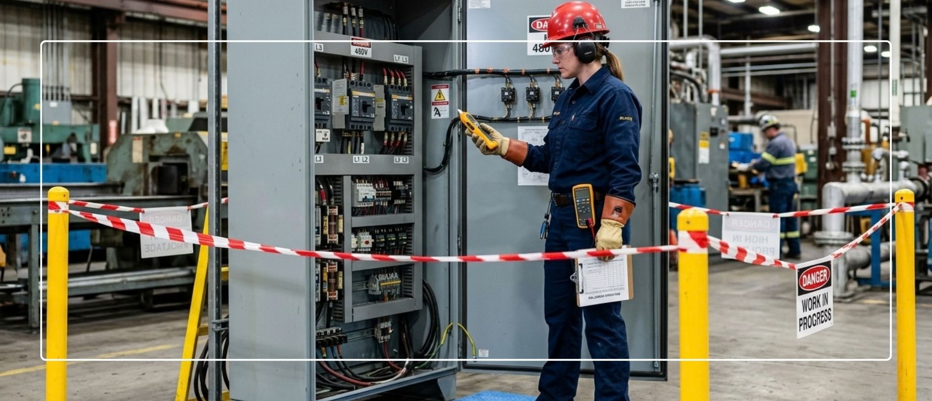 Técnico evaluando el riesgo de arco eléctrico antes de intervenir un tablero eléctrico industrial. 
