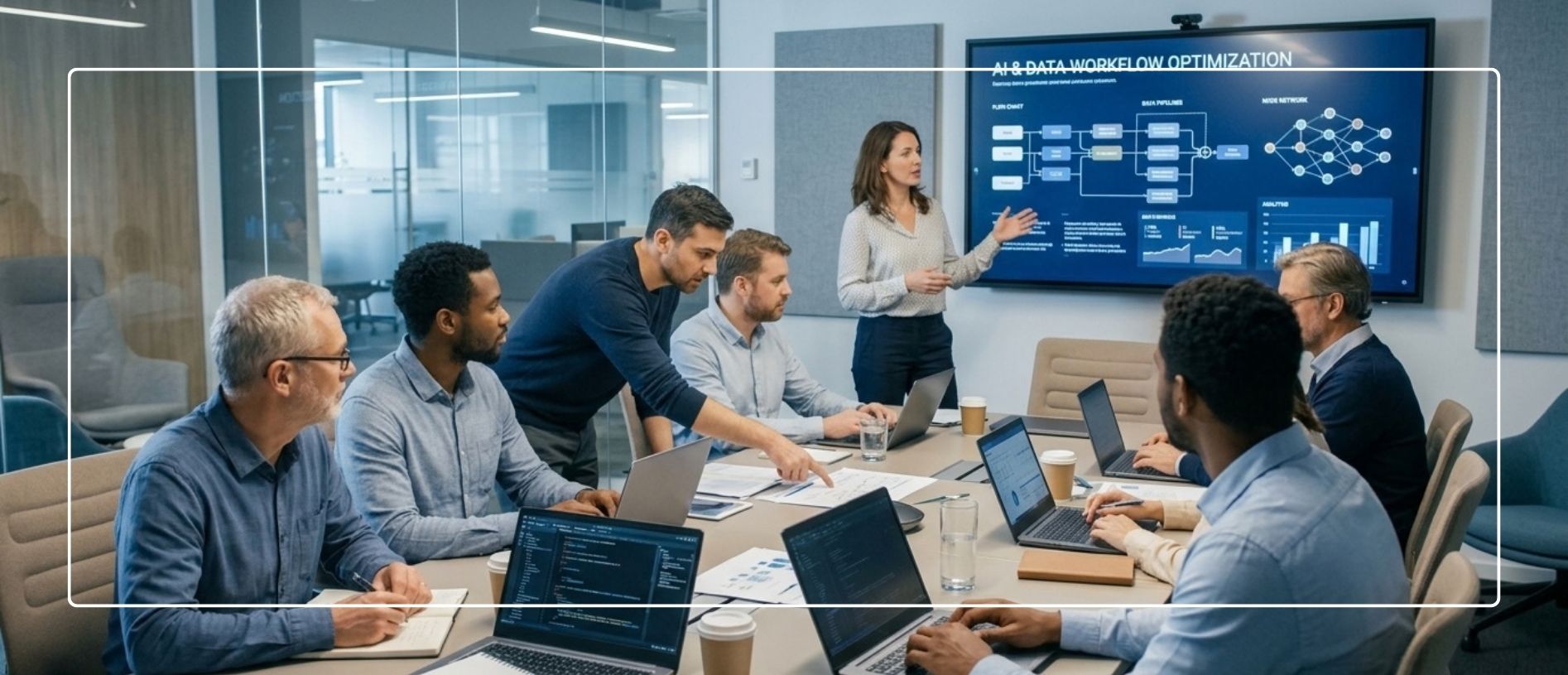 Equipo empresarial en capacitación sobre inteligencia artificial y desarrollo de competencias para la transformación digital.