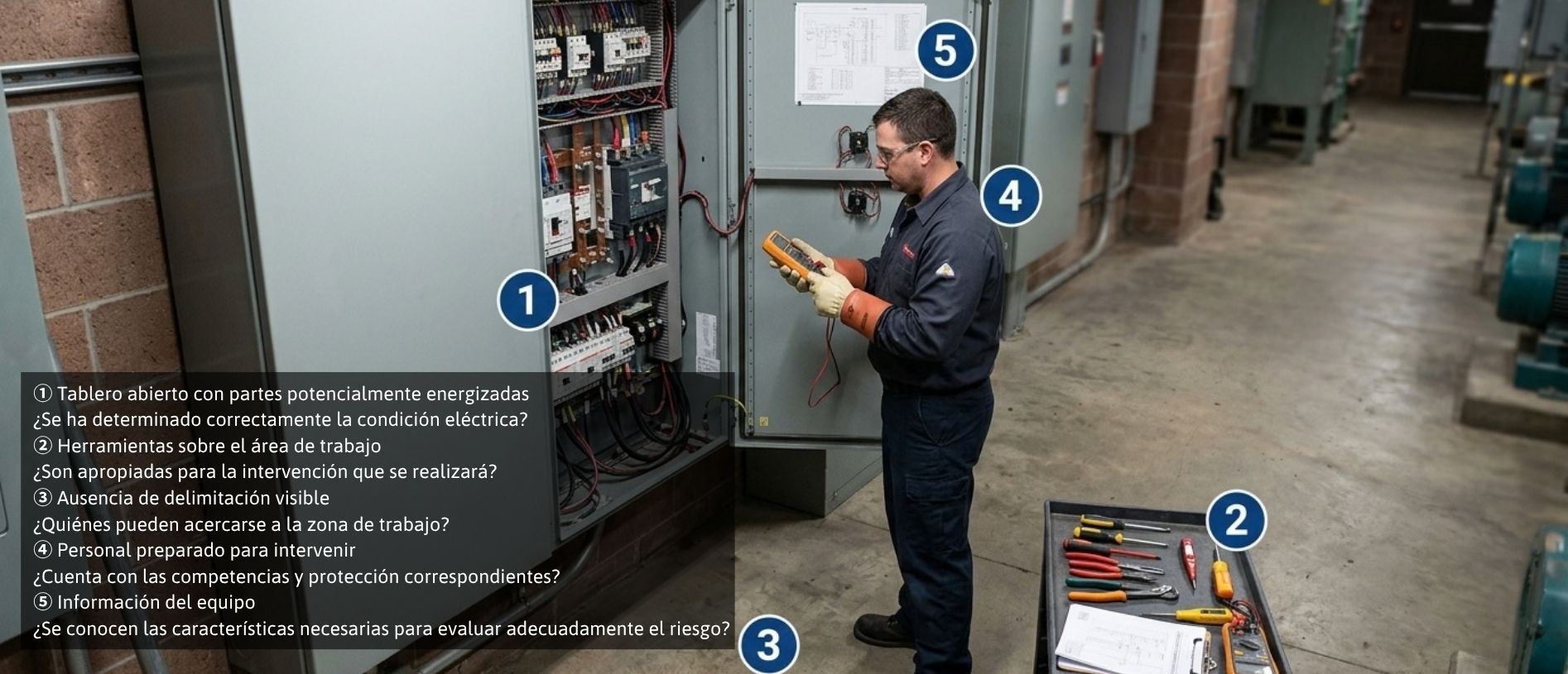 Fotografía técnica de un profesional frente a un tablero eléctrico industrial - Bureau Veritas Training