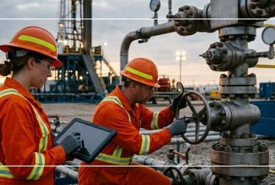 Profesional realizando inspección en operaciones de petróleo y gas bajo requisitos de gestión de calidad API Spec Q2. 