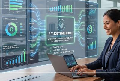 Profesional de sostenibilidad analizando datos e indicadores ESG a través de una interfaz digital limpia e ilustrada con inteligencia artificial.