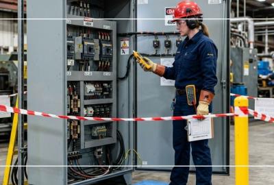 Técnico evaluando el riesgo de arco eléctrico antes de intervenir un tablero eléctrico industrial. 
