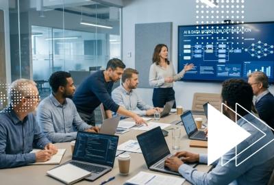 Equipo empresarial en capacitación sobre inteligencia artificial y desarrollo de competencias para la transformación digital. 