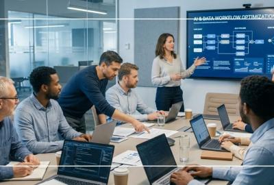 Equipo empresarial en capacitación sobre inteligencia artificial y desarrollo de competencias para la transformación digital.